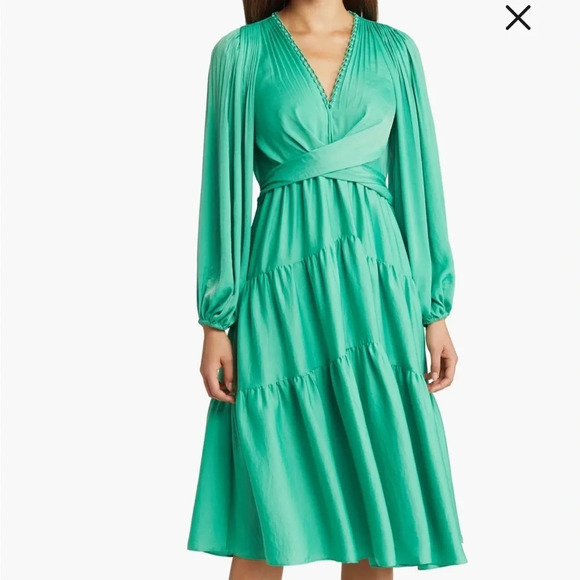Kobi Halperin Dresses & Skirts - Kobi Halperin Vienna Long Sleeve V-Neck Tiered Satin Sea Green Dress Sz S